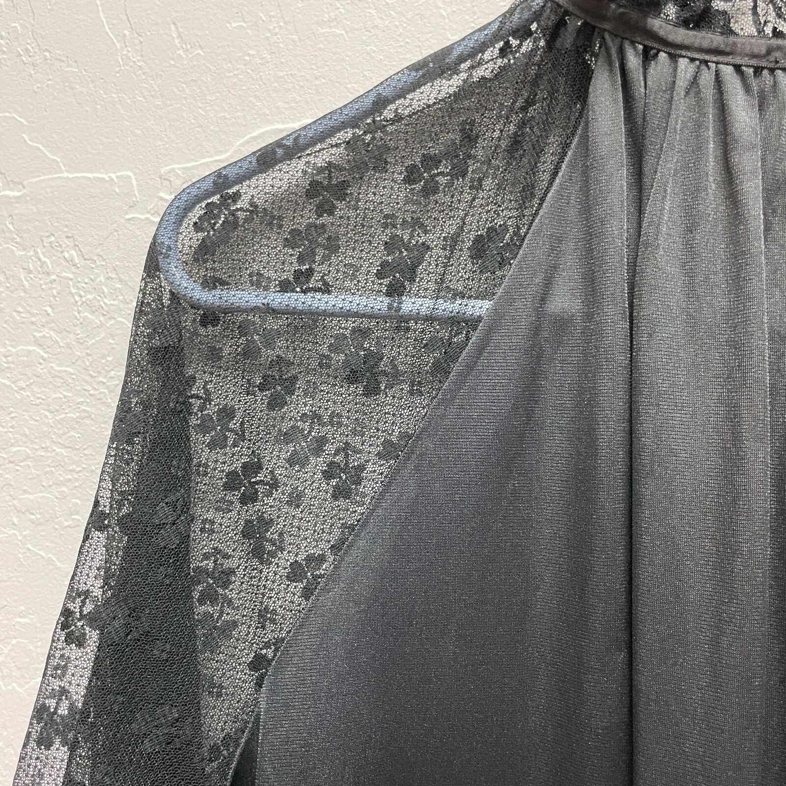 Vtg Jolie Two Nylon Hostess Robe JC Penney Sheer Lace Sleeve M Ruffle Long Black
