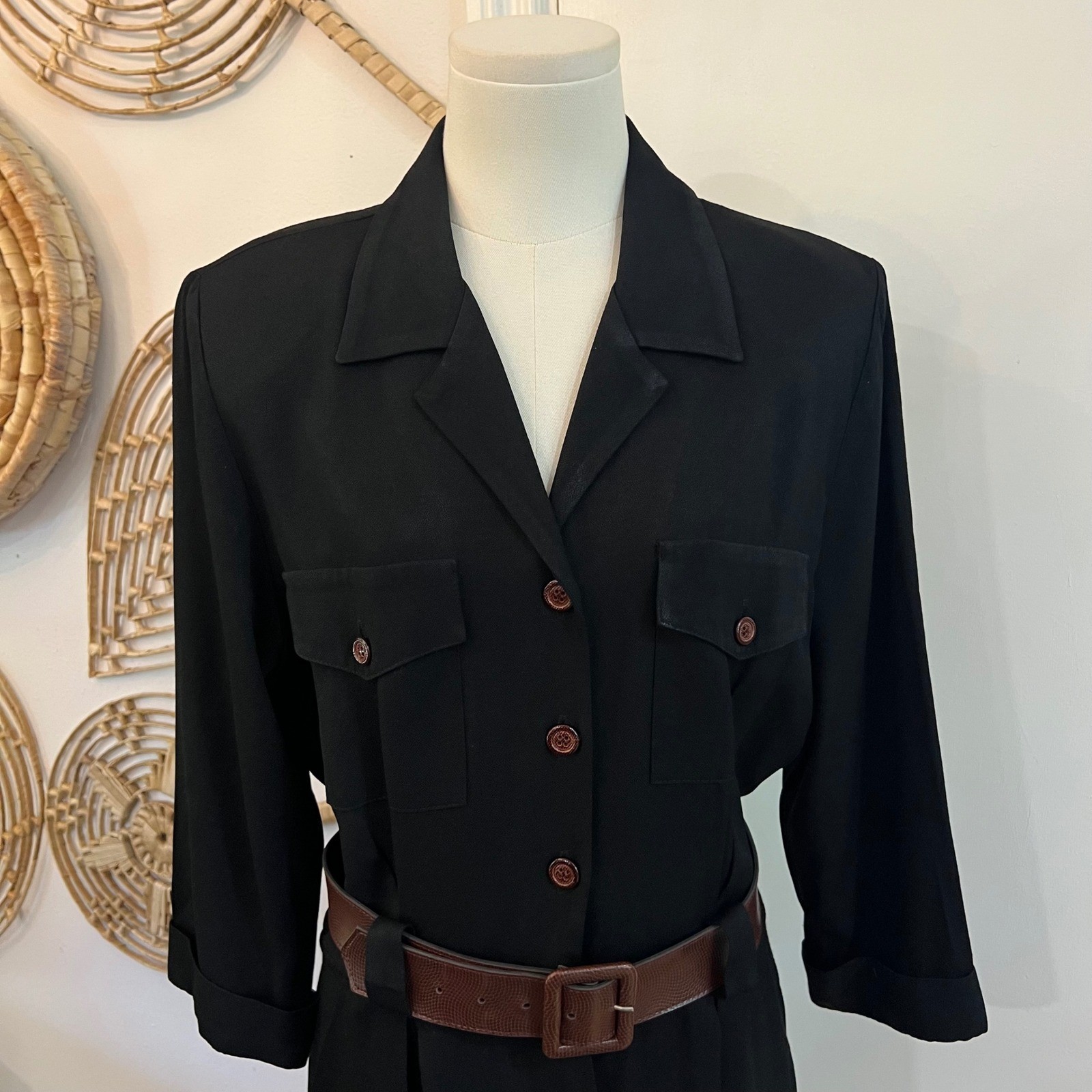 Vintage Studio I Black Crepe Midi Shirt Dress Utility Belted Pockets Petite S M