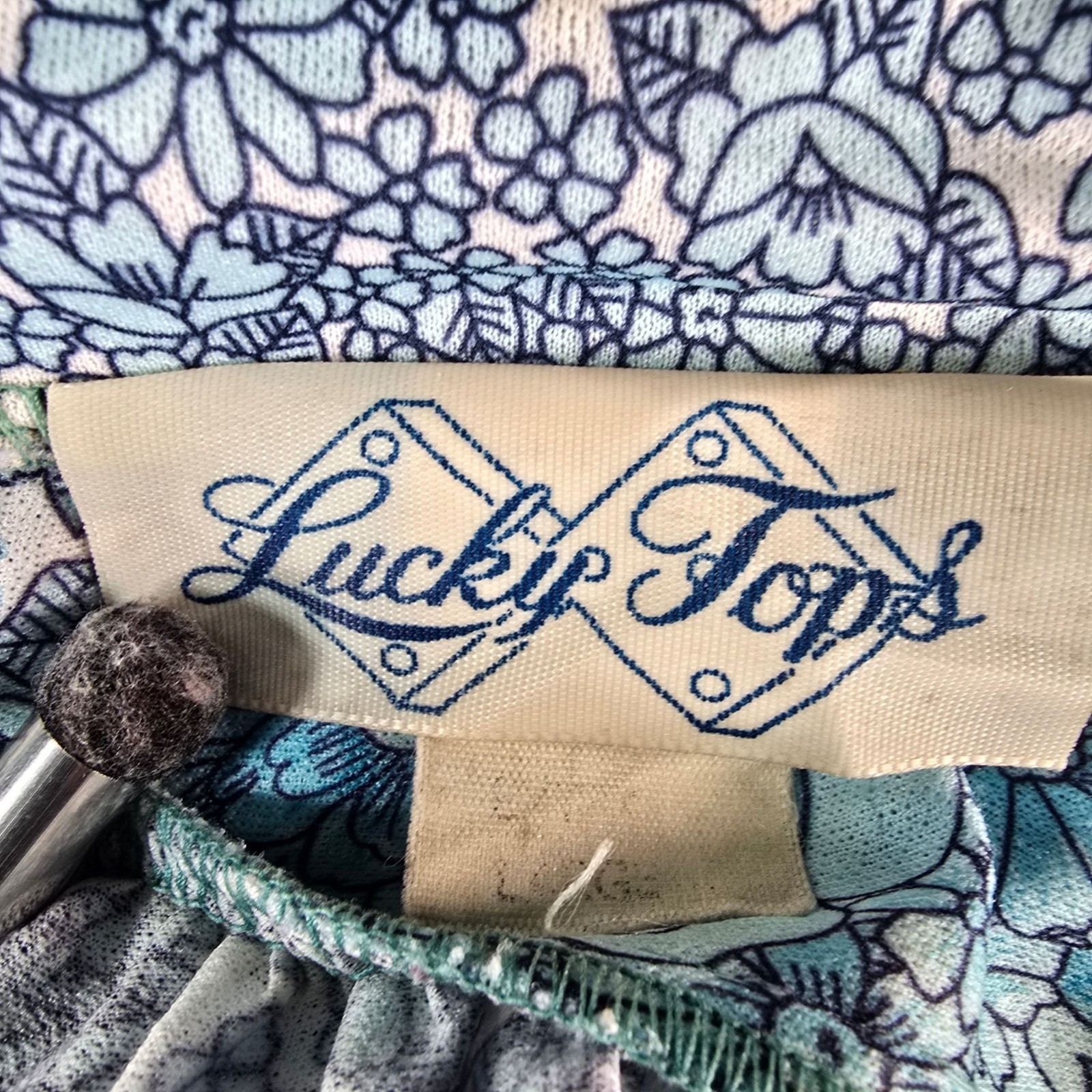 Vintage 1970s Lucky Tops Blue Floral Print Band Collar Peasant Blouse (XL)