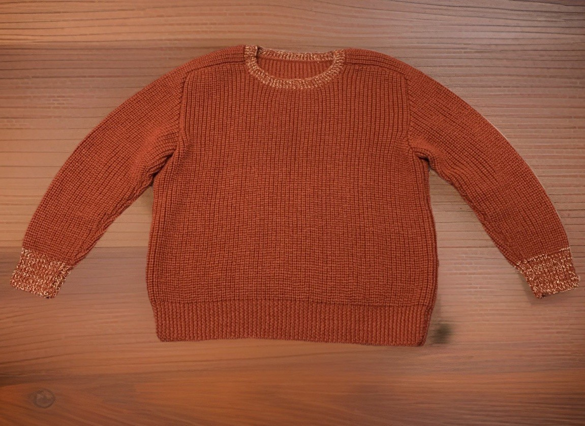 Vintage 80s Hand Knit Sweater Women’s M Burnt Orange Shiny Tencil Accents Preppy