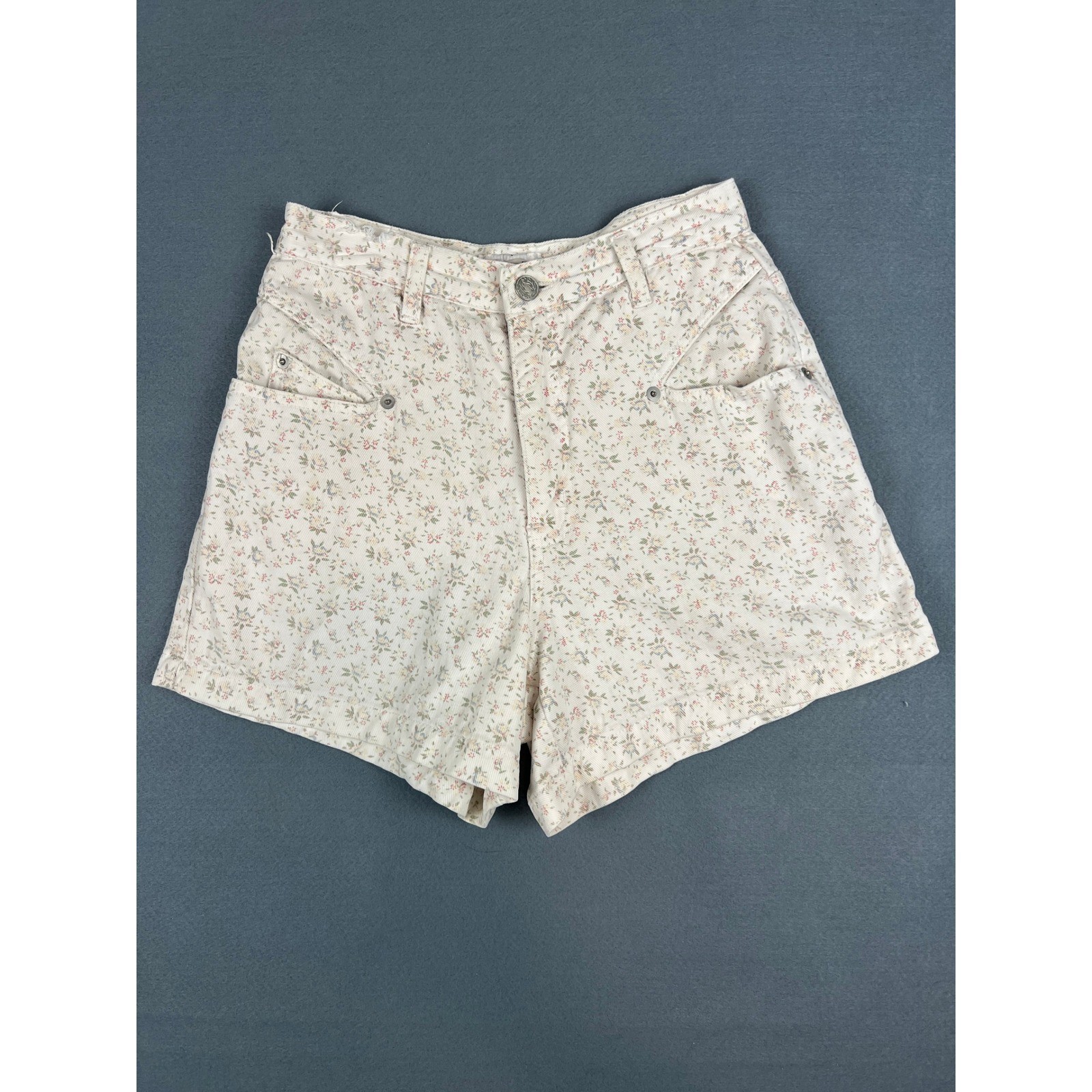 Sostanza Vintage Floral Denim Shorts Cottagecore Boho 90s Cream Cotton XS 0 2