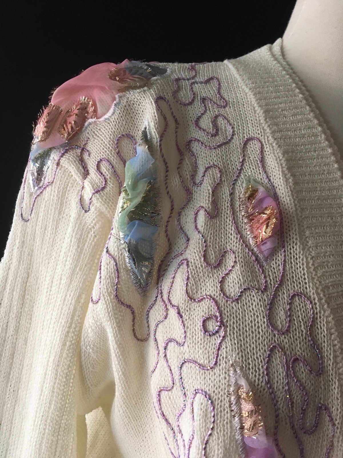 Vintage 1980’s Sweater Cardigan V Neck White Pink Lavender RIBBON PUFFS Japan
