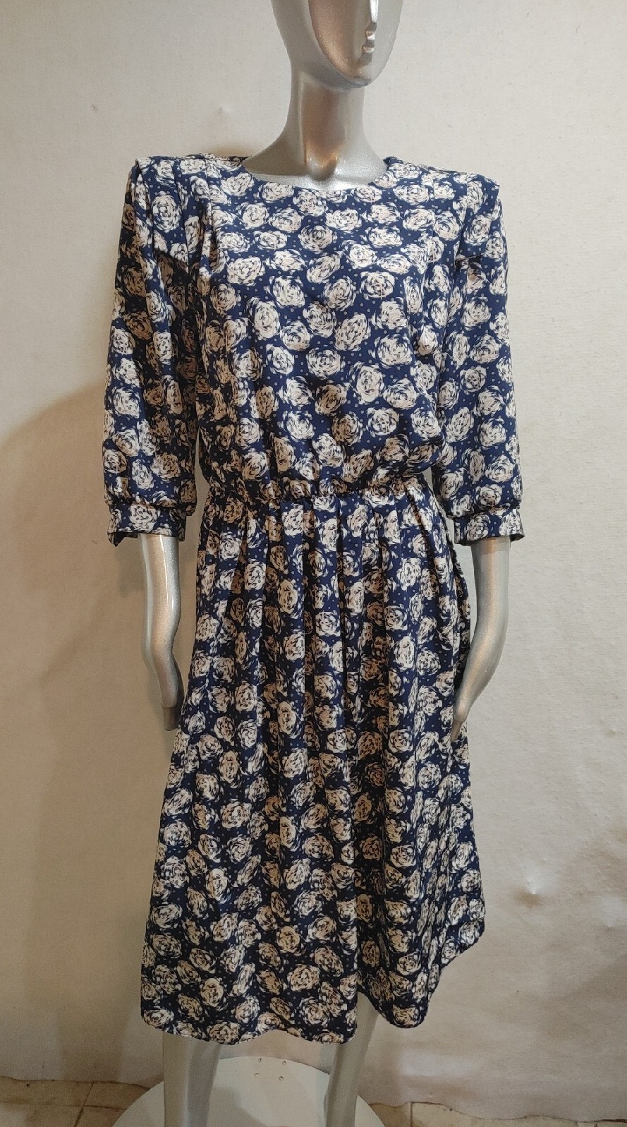 Vtg Breli Originals 3/4 Sleeves Semi Sheer 80s Fit Flare Dress Blue Size 12