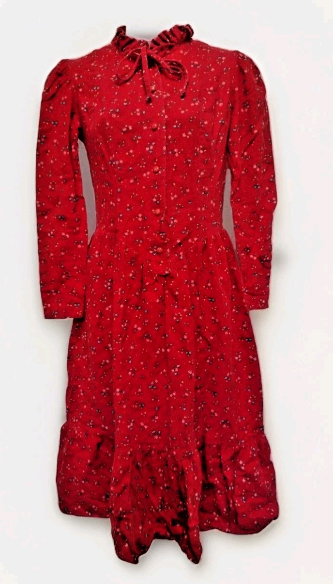 Vintage 70s Avon Fashions Red Floral Prairie Dress ILGWU 100% Cotton Size 7/8