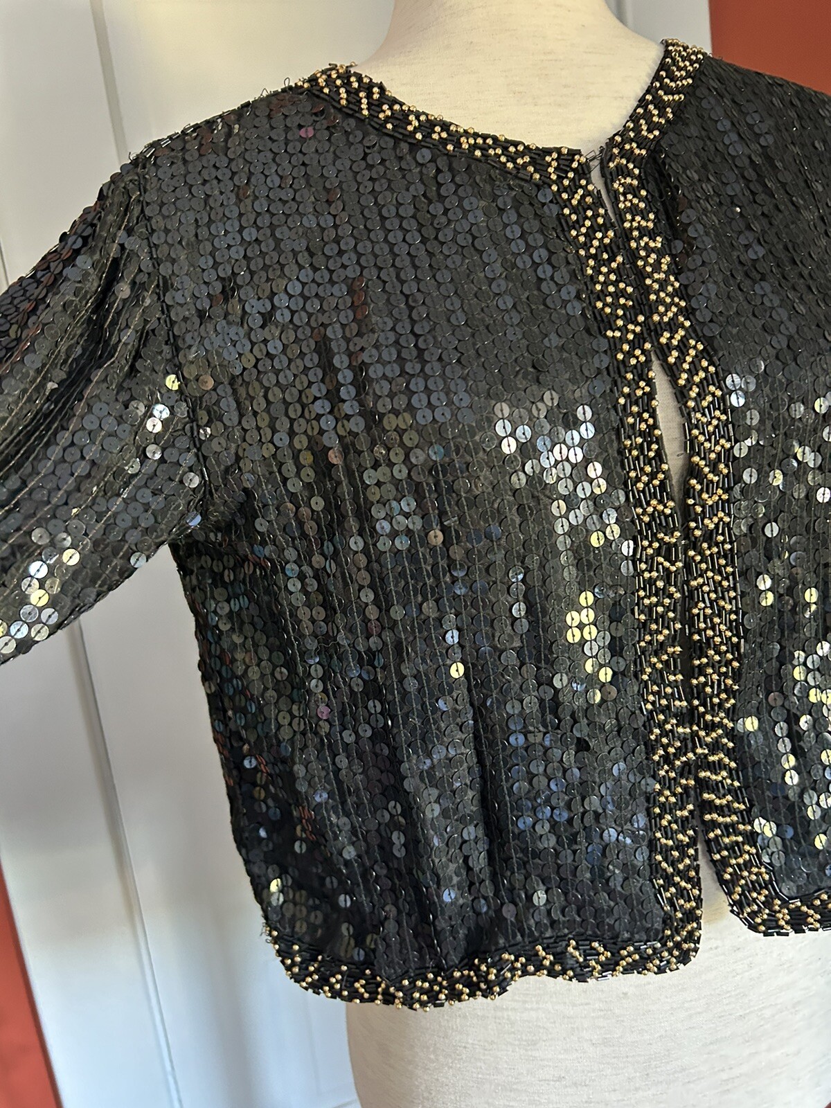 80s Beaded Sequin Black Gold Disco Party Funky Cropped Cardigan Sweater