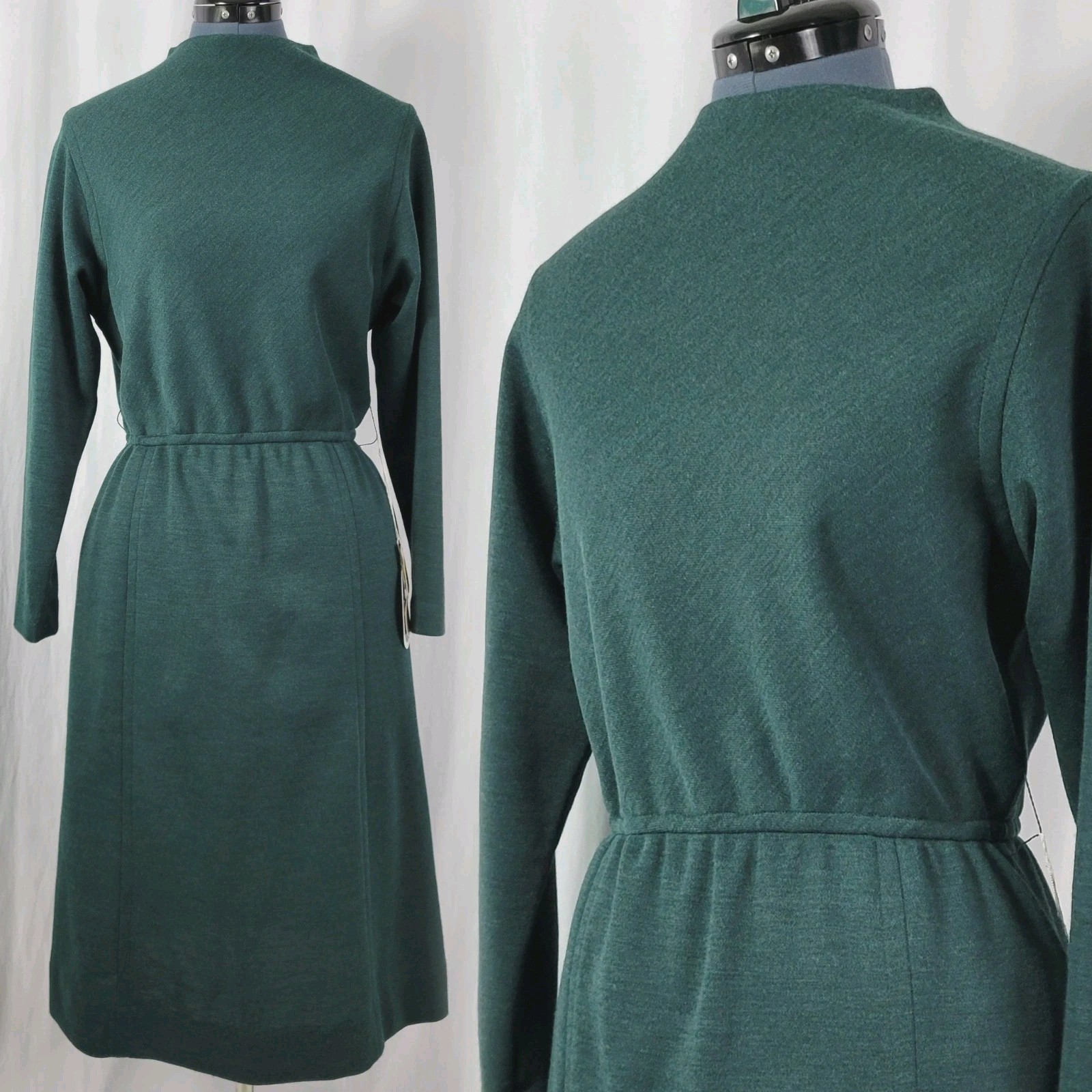 Vintage Tanner Green Wool Blend Blouson Dress w Elastic Waist Size 14