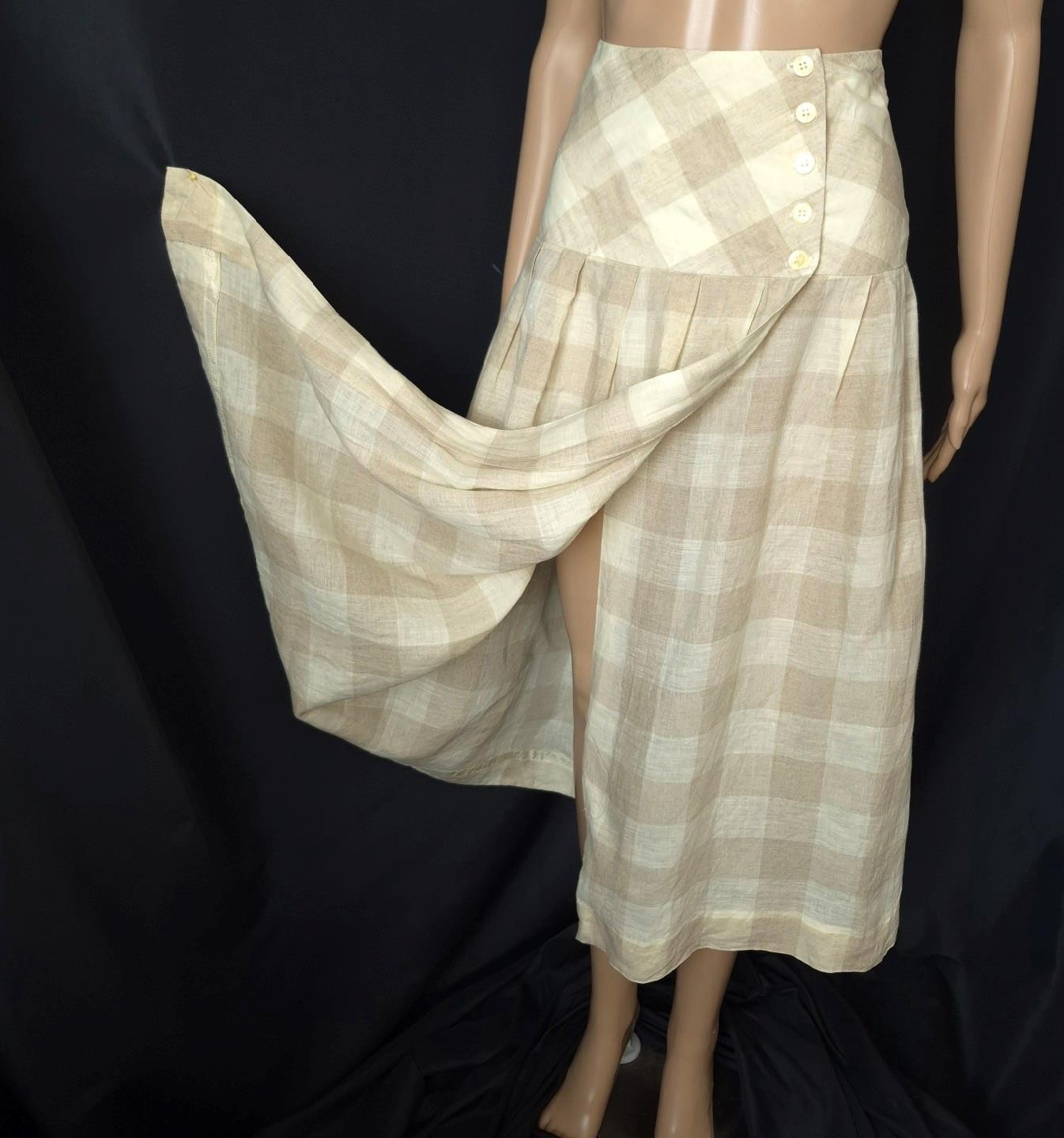 CLASSIC LINEN CHECK Italian Vintage 1980s Drop Waist MAXI WRAP SKIRT – M