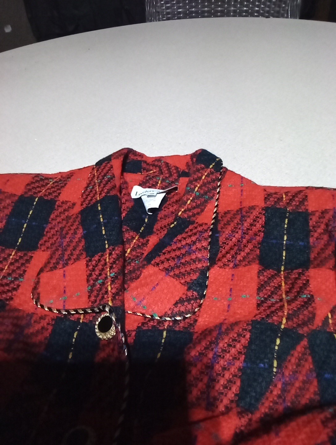 Vintage 80s Lindsey Scott Red Plaid Knit Blazer Sweater Women’s Sz 16 USA MADE
