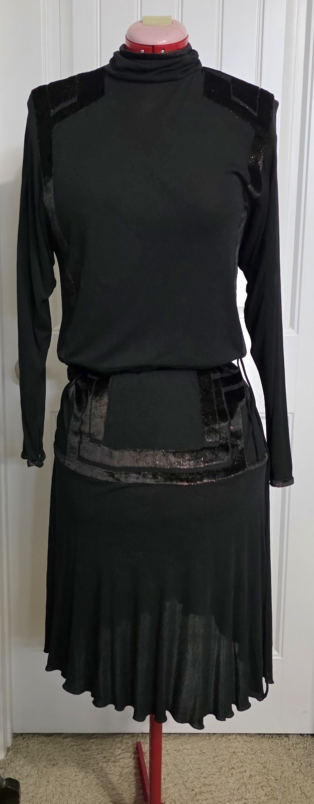 Vintage 70s 80s Janice Wainwright Black Art Deco Drawstring Waist Dress Sz 10