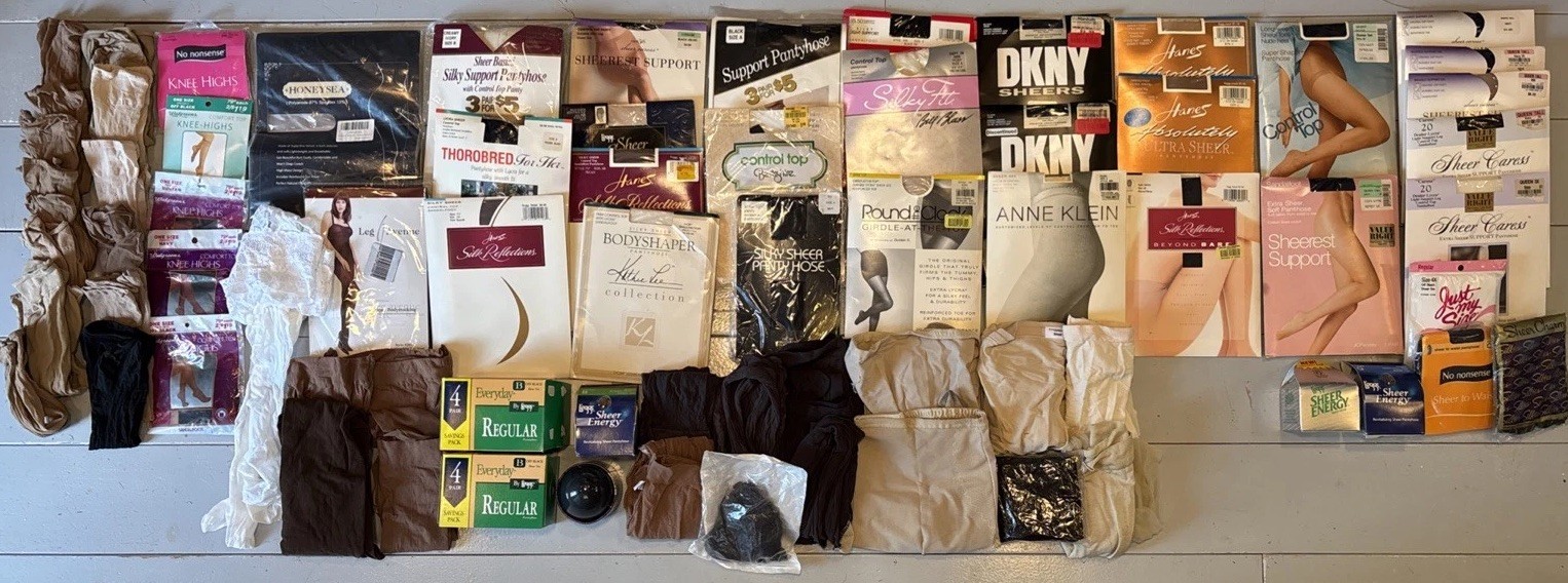 70-Piece Vtg Pantyhose Lot: Knee, Full, Queen-A, DKNY, Sheer, Hanes, Buff Black
