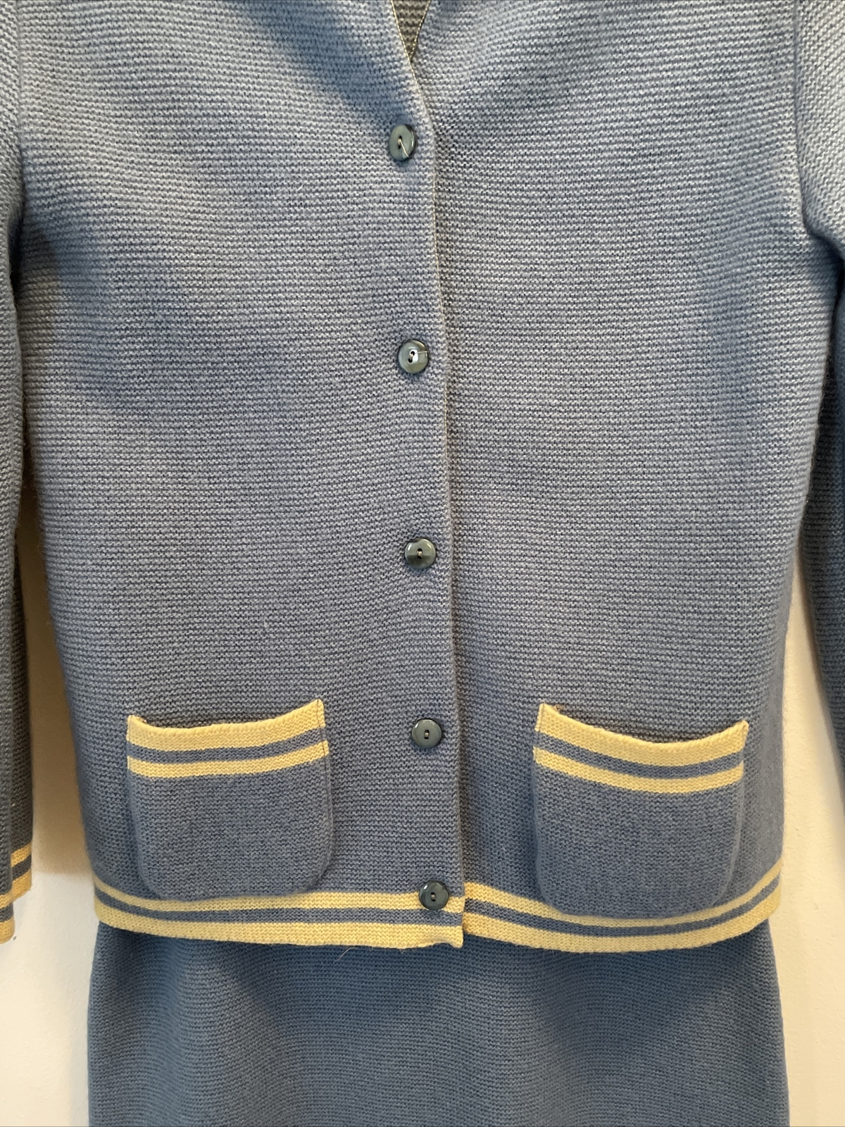 Vintage 1950s LOFTIES Baby Blue Sweater Top& Skirt SET Mid Century Retro Fashion