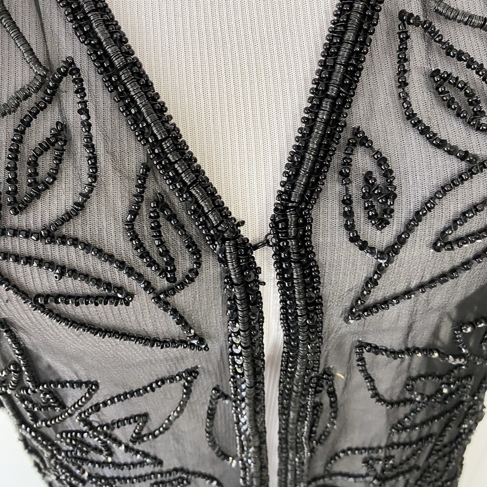 Sheer Black Beaded Duster Cardigan Whimsigoth Kimono Witchy Silk? OSFM 20″ PTP