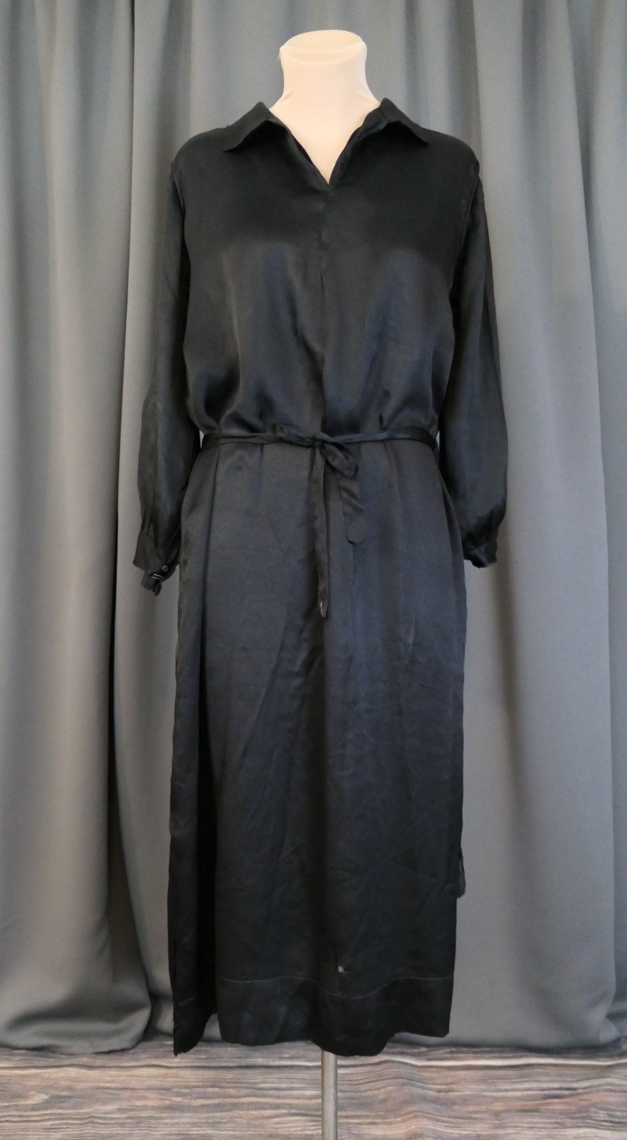 Damaged 1910s Black Silk Satin Dress, Eyelet Panel, 40 inch bust, Ankle length