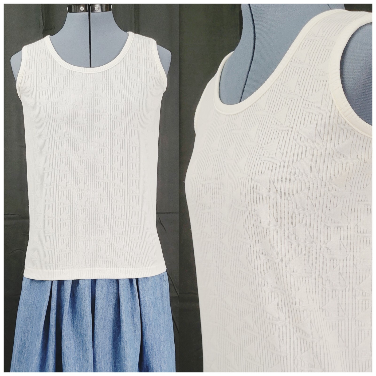 Vintage Miss K Creamy White Textured/Sailboat Patterned Knit Shell Size Medium