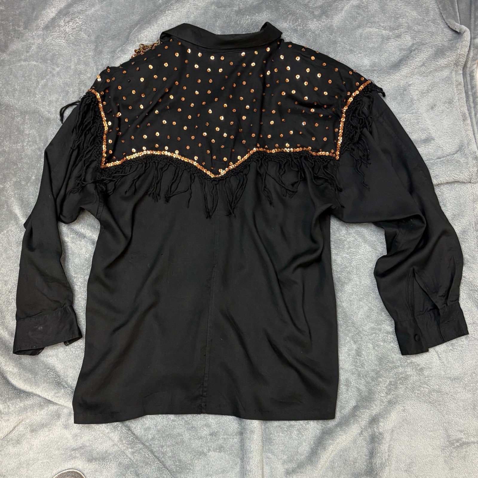 Patricia Hermann Vntg Beaded Fringe Blouse Women’s M/L Black w/Cooper Accents
