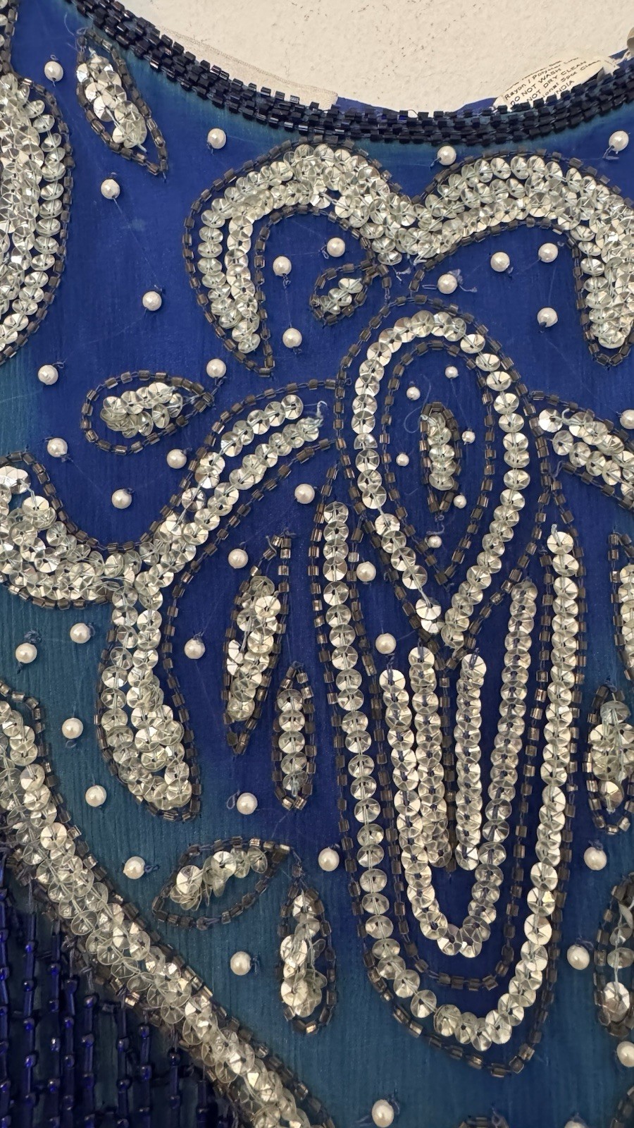 Sweelo Sequin Beaded Silk Formal Evening Dress 8-10 Fringe 80s Vintage Gatsby