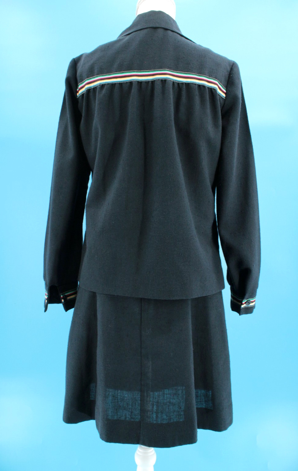 Vtg Women’s 70s 2 Pc Black W/ Rainbow Trim Dress & Top / Shirt Set XS/S 1970s
