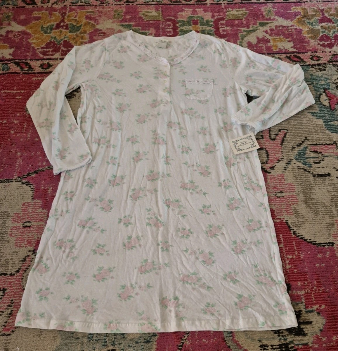 NWT VTG Amanda Stewart Pink floral intimates long sleeve nightgown womens XL