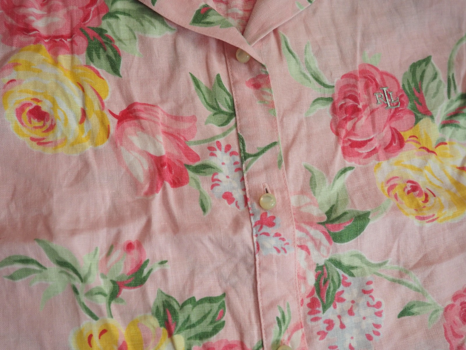 VTG Y2k 2000s Lauren Ralph LRL Linen Floral Summer Boho Tie Button Shirt Women L