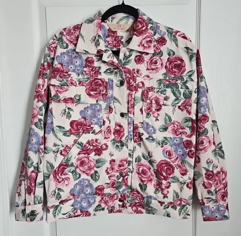 Vintage Cottage Floral Denim Jacket Womens 8 Cream Pink Roses Artsy Grandma Core