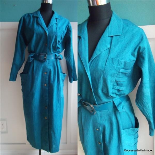 VTG 80’s dark teal wrinkle dyed boho button shirt career dress L