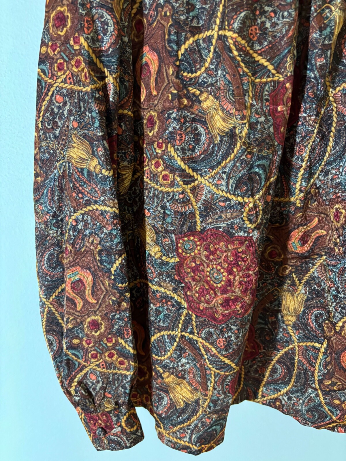 Vtg 80s NOTATIONS BAROQUE Print SECRETARY CAREER Puff Sleeve ACADEMIA Blouse 8 M