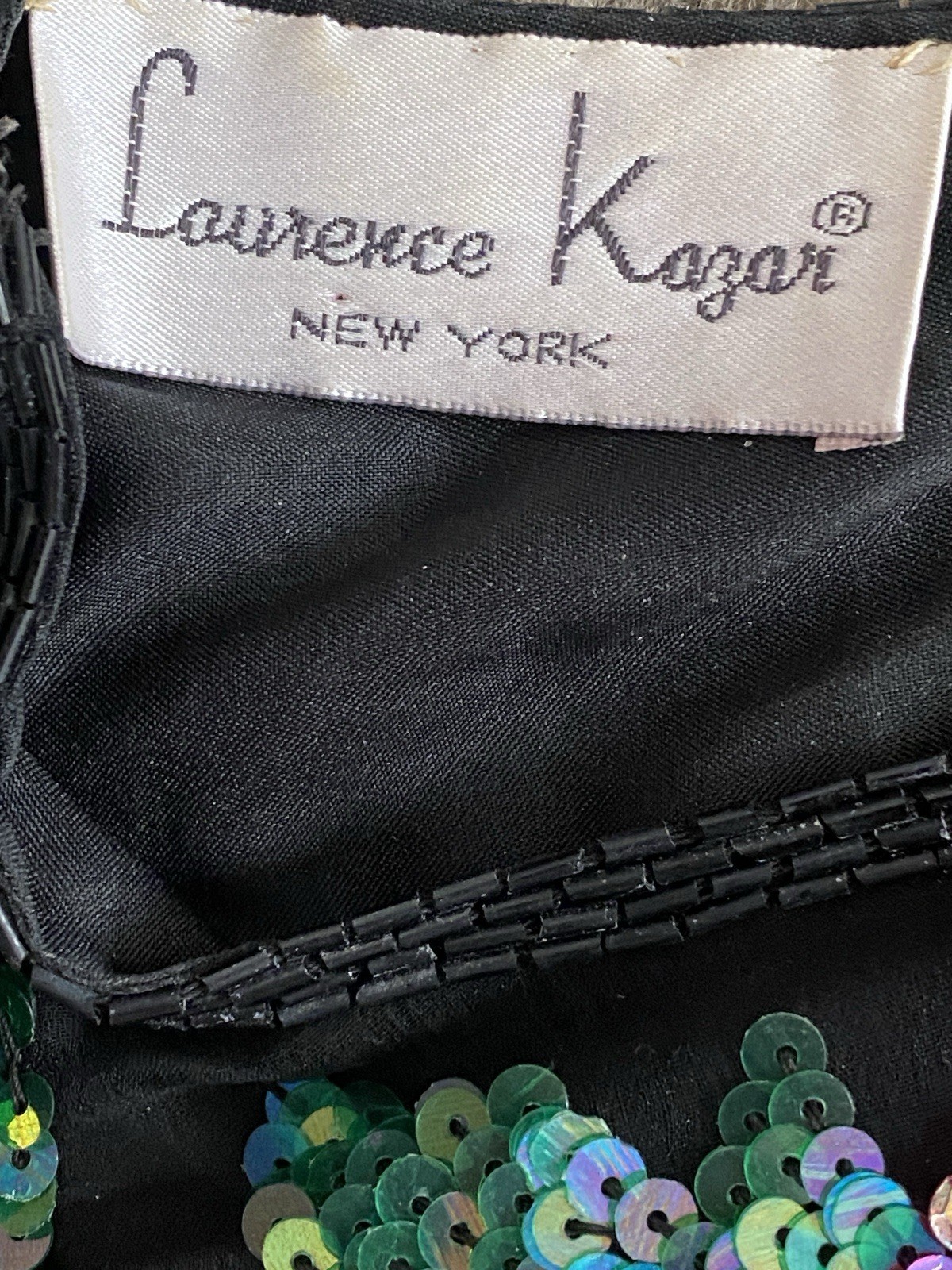 Vintage Laurence Kazar Sequin Silk Blouse Large Black Pink Purple Green Floral