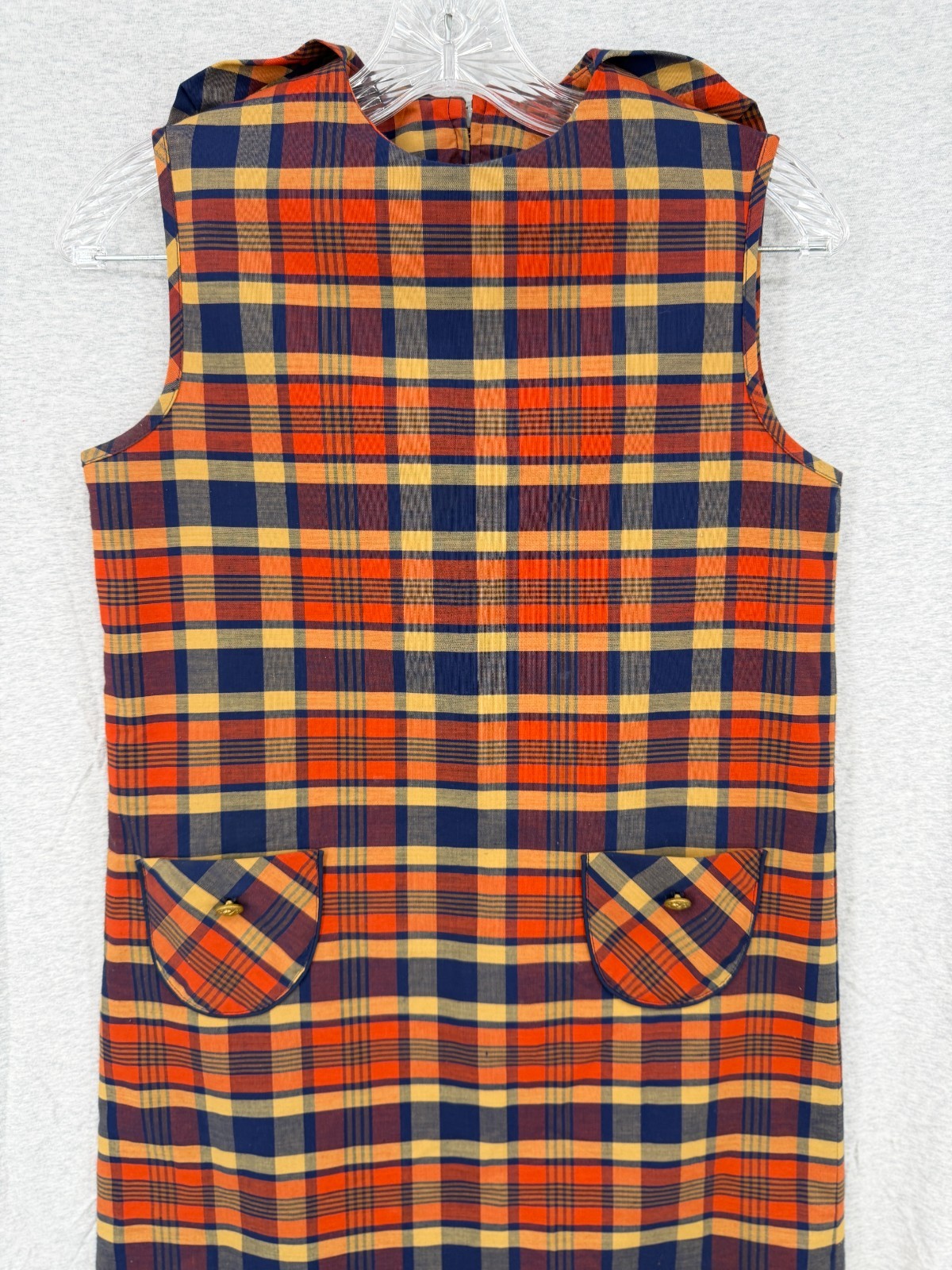 True Vintage 60s Orange / Blue Jumper Go Go Dress Plaid Mod Shift 34 Bust