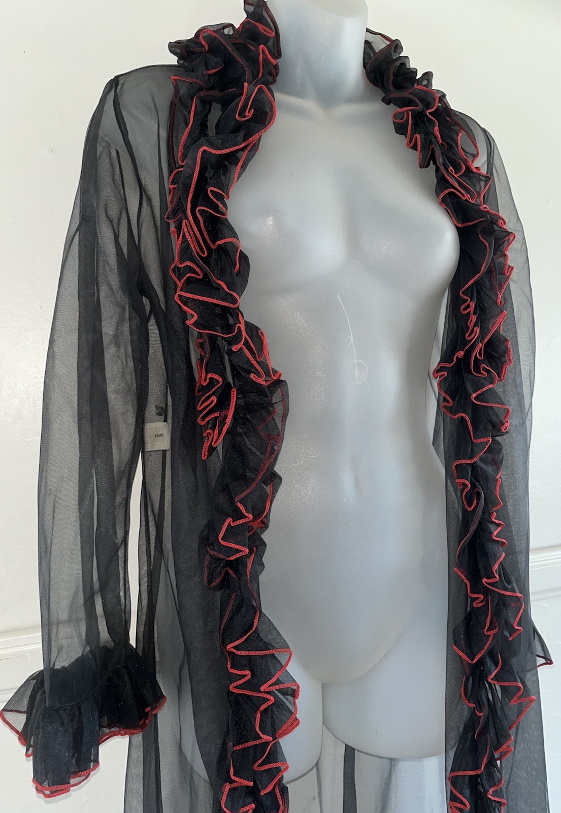 Vtg 1970s ‘80s SILVER ROSE 🌹 Sheer Nylon Black Red Ruffle Long Robe Lingerie
