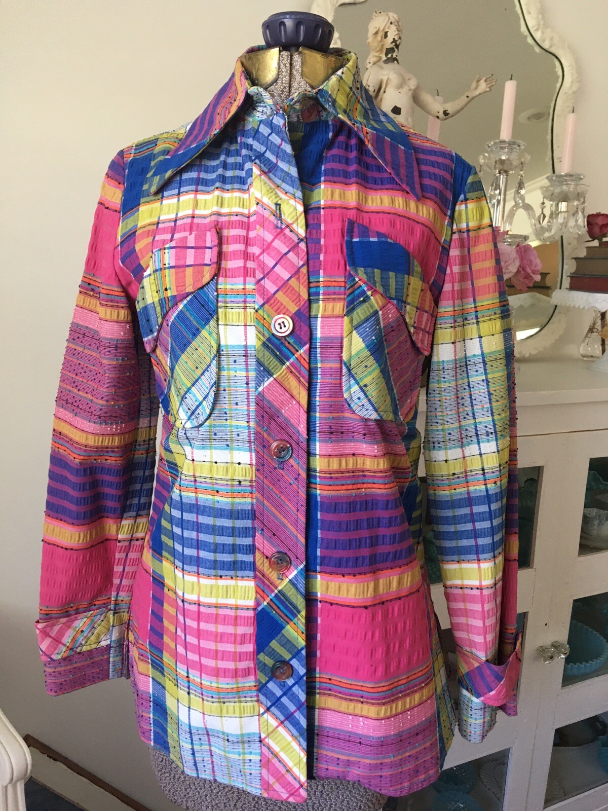 Vintage 1970’s PINK Tutti Frutti SEERSUCKER CHECK Plaid Shirt JACKET Lined BEACH