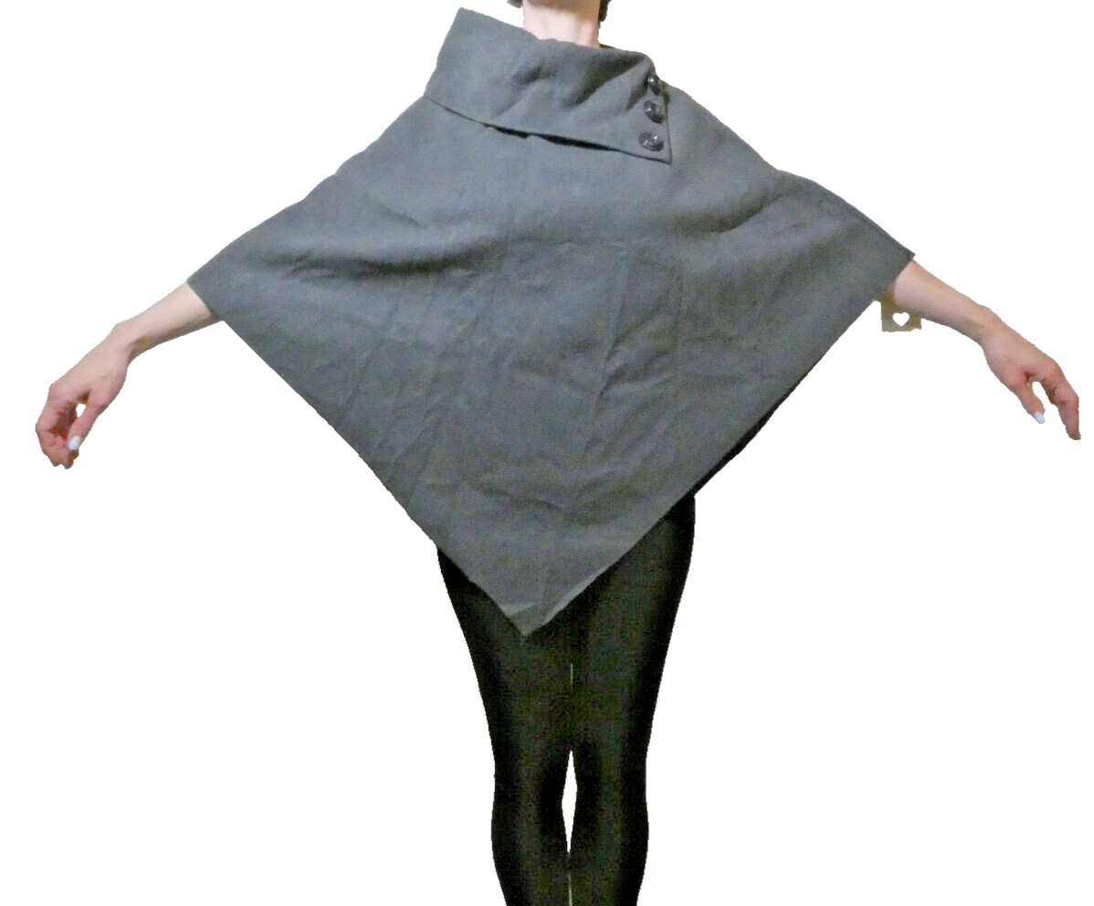 Gray Wool Felt Cape OS Vintage Poncho High Buttoned Collar British Mod GoGo NWT