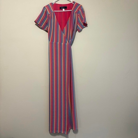 Vintage Pink & Blue multi-colored striped maxi dress
