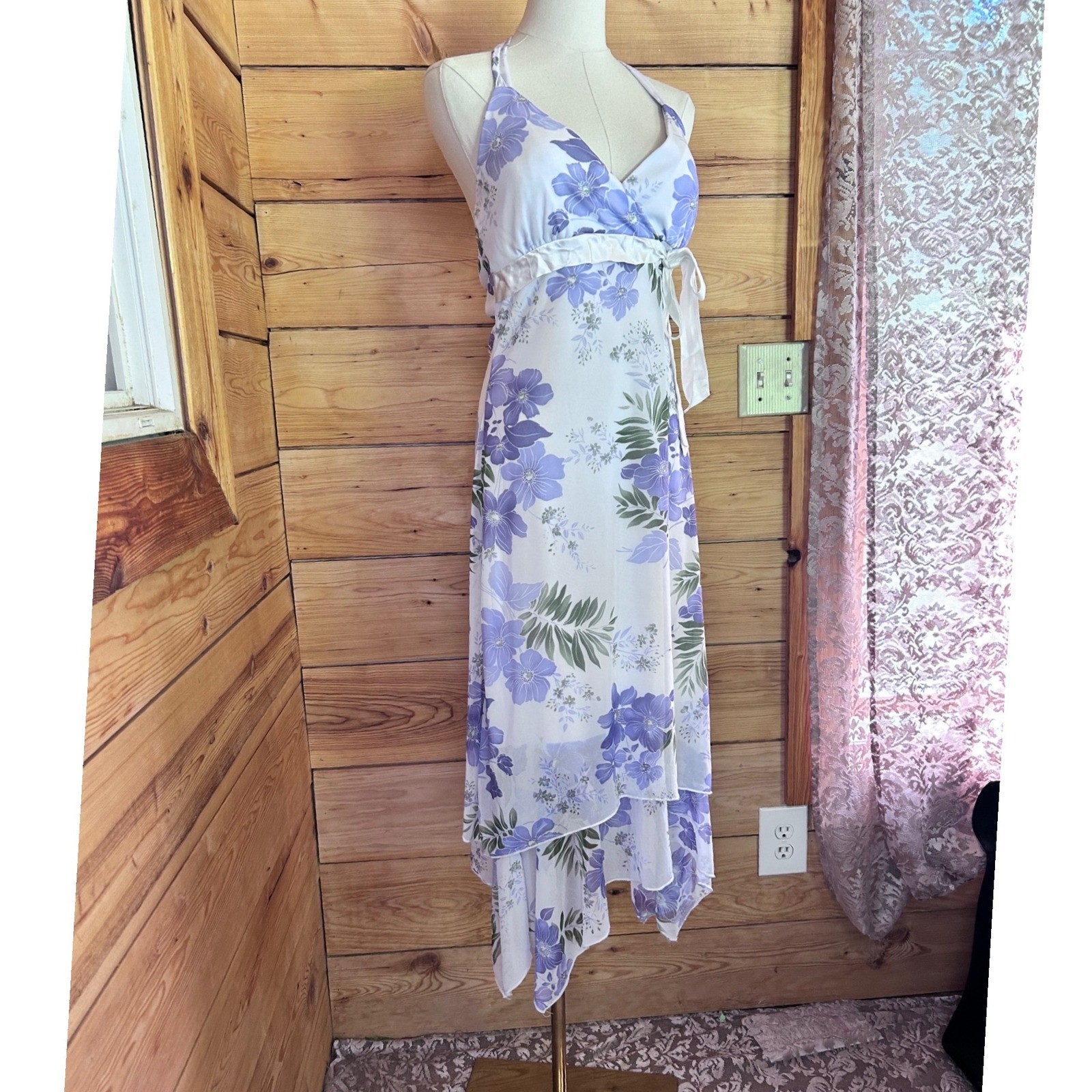 Vintage Halter Dress Womens Size 6 Purple Floral Handkerchief Hem Midi Mariposa