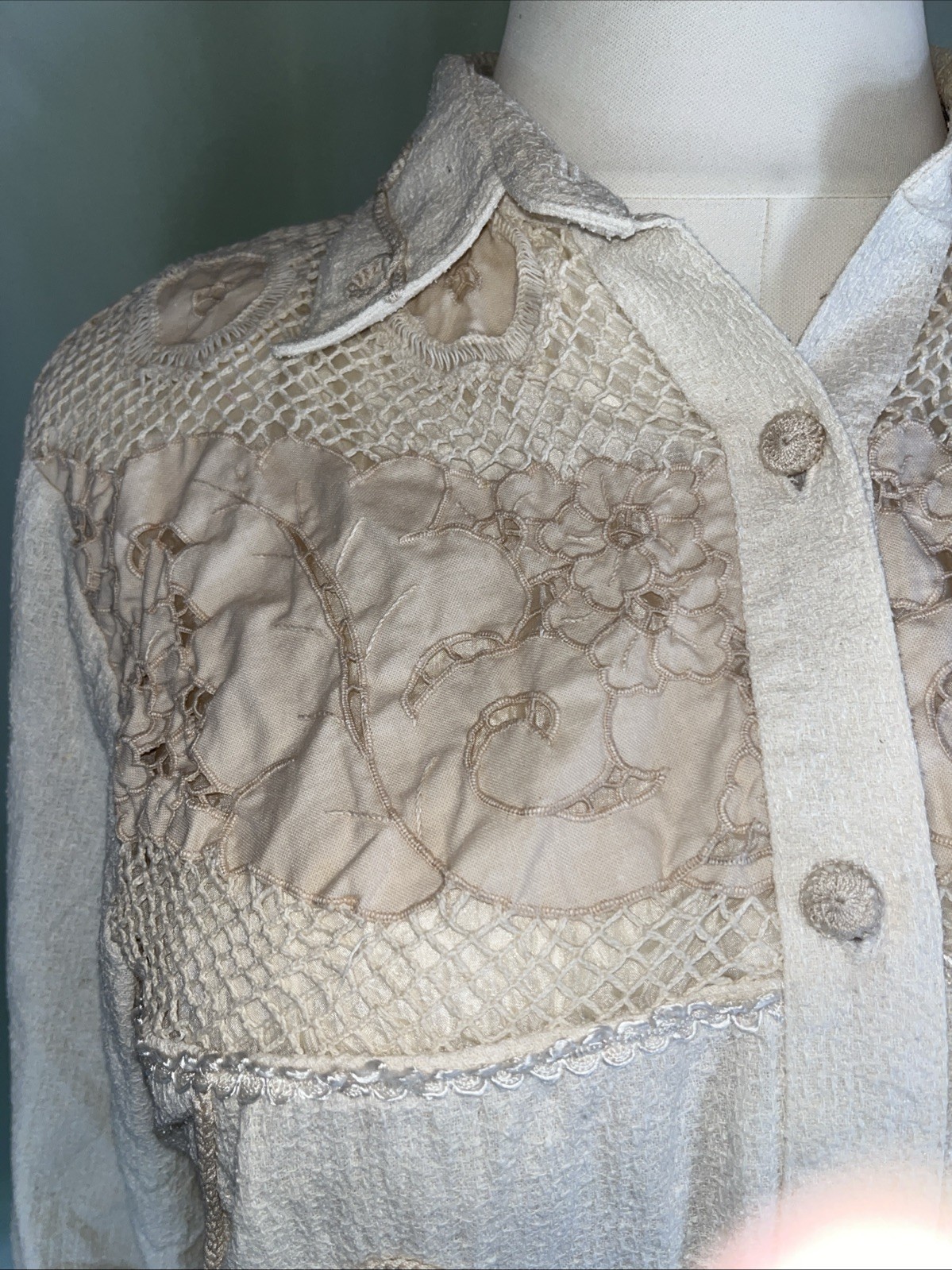 Vintage Lim’s Button Front Crochet Shirt Cream Silk