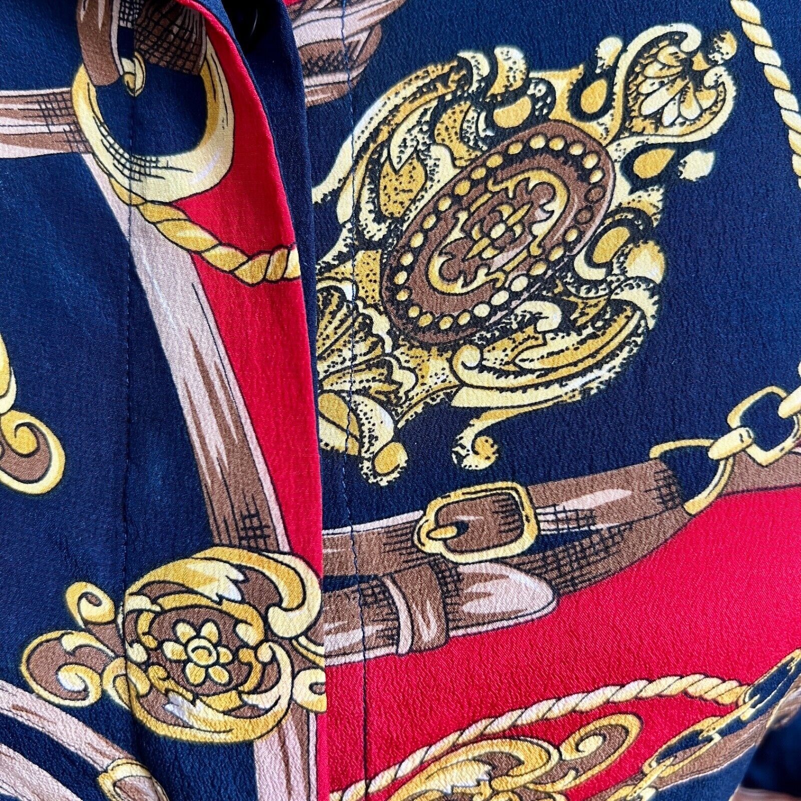 Vintage 90s Stephanie Andrews Silk Shirt Equestrian Print Blouse Navy Red M