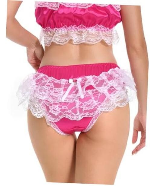 Frilly Sissy Soft Lace Knickers Briefs Satin Panties XX-Large Hot Pink – White