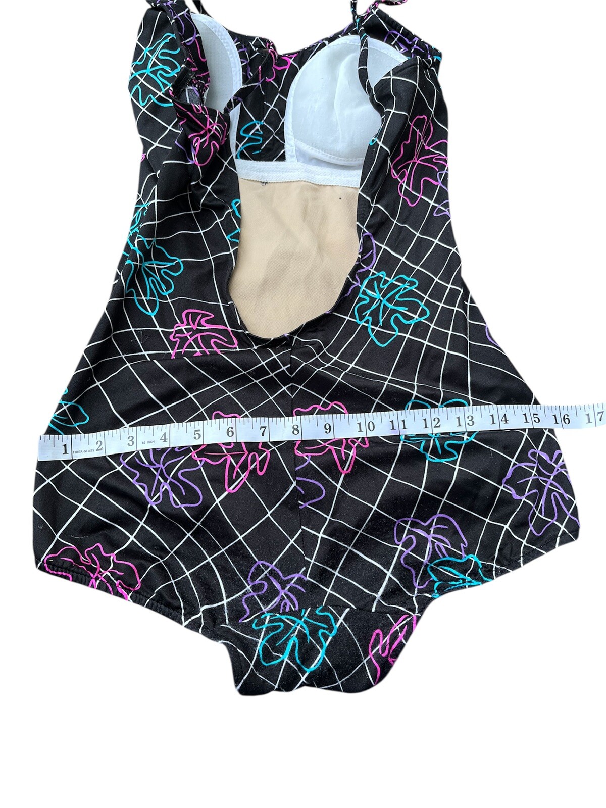 VTG Maxine Of Hollywood One Piece Swimsuit Size 16 Black Pink Green Purple