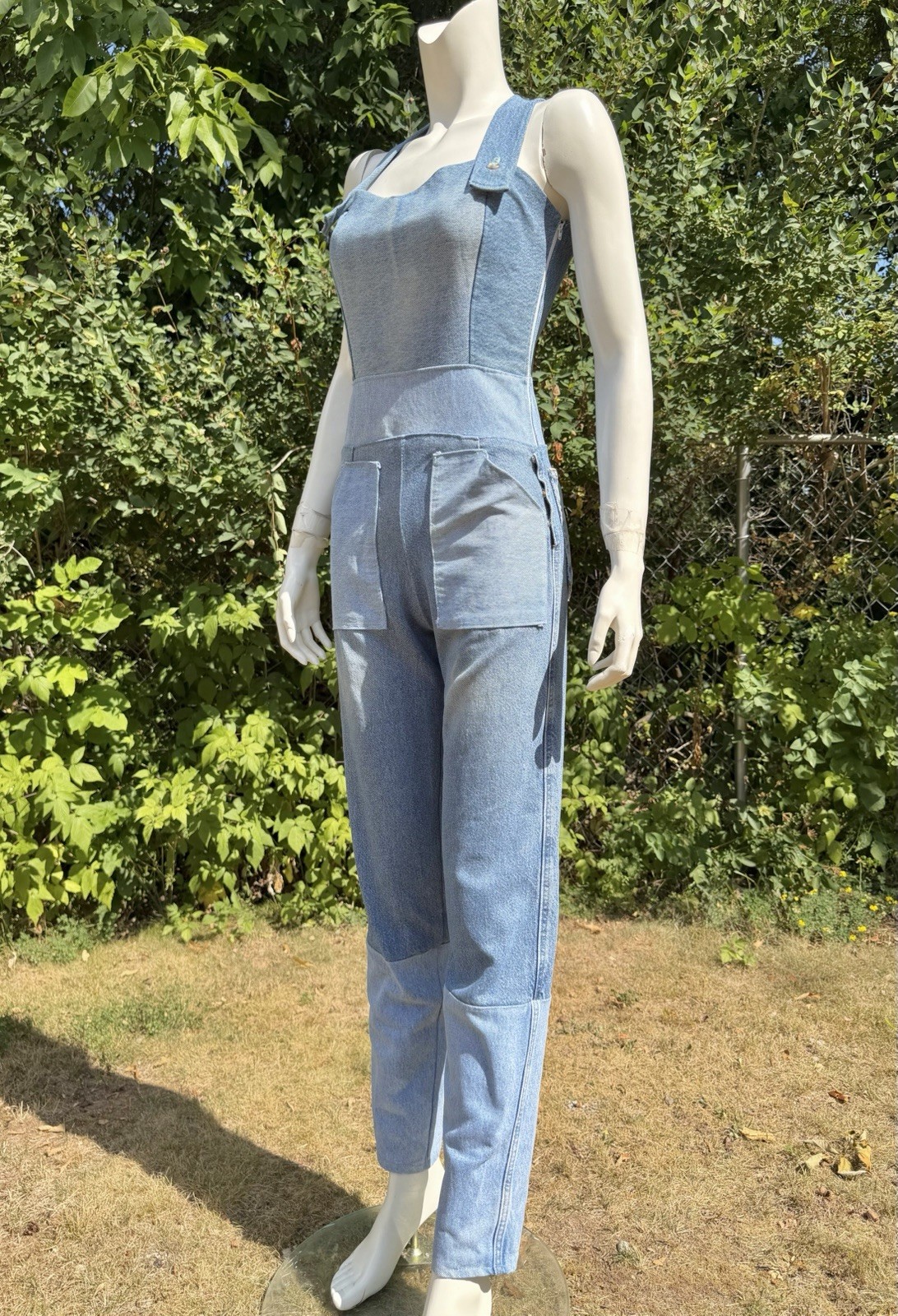 Vintage DENIM JUMPSUIT Patchwork 1980s 90s does 1940s Bib Overalls Distressed XS