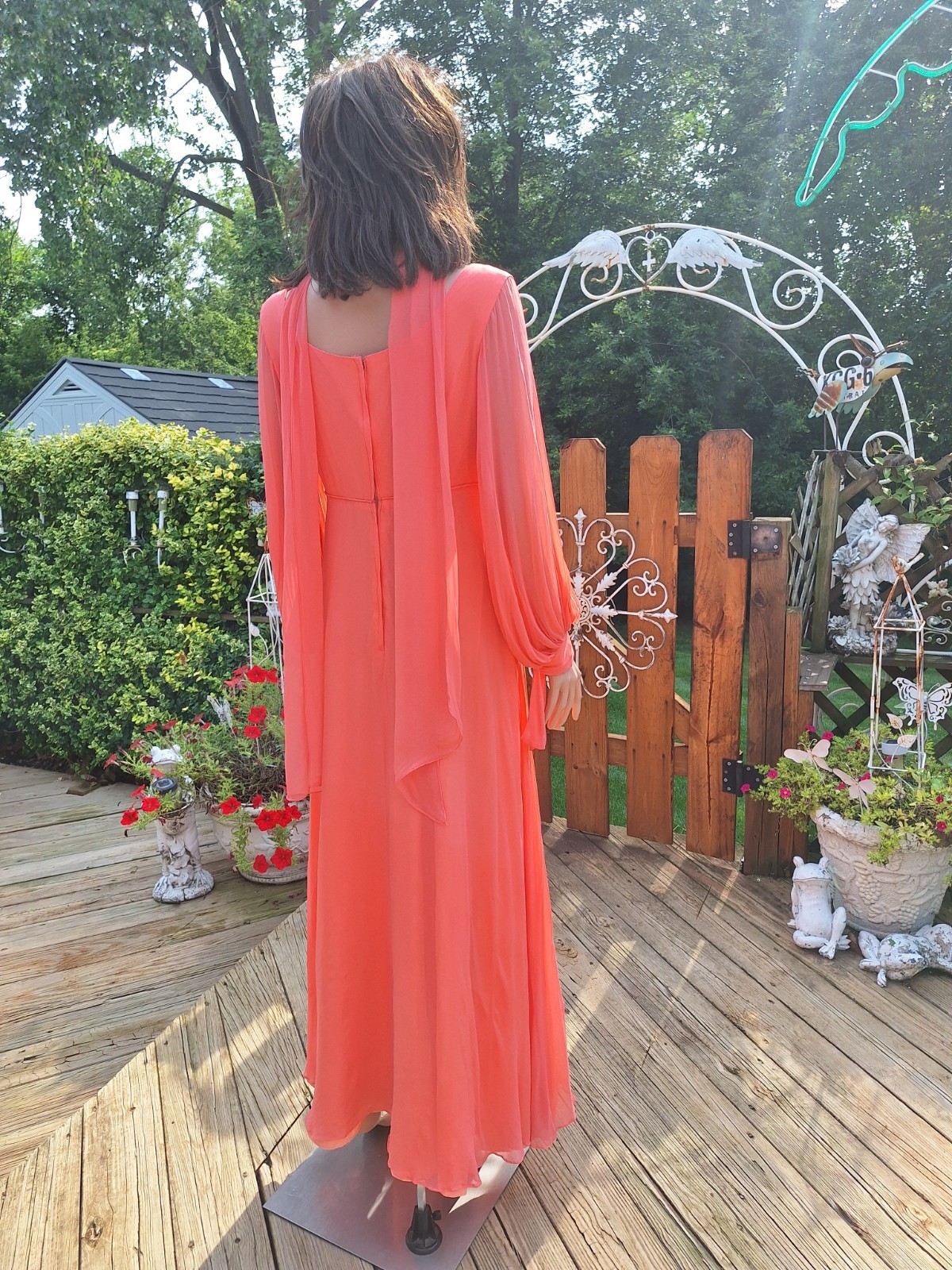 Mid-century Mod 1970s Empire Waist Chiffon Evening Gown Maxi Dress Bridesmaid L