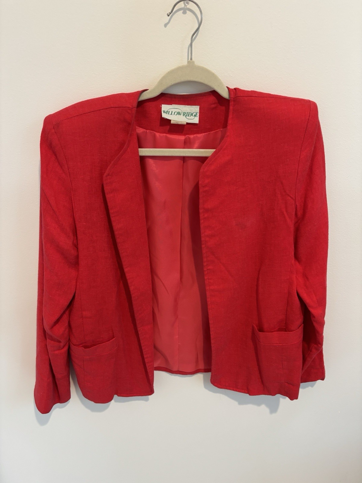 Vintage Willow Ridge Open Front Blazer Red Shoulder Pads 1980s Size 10 Linen