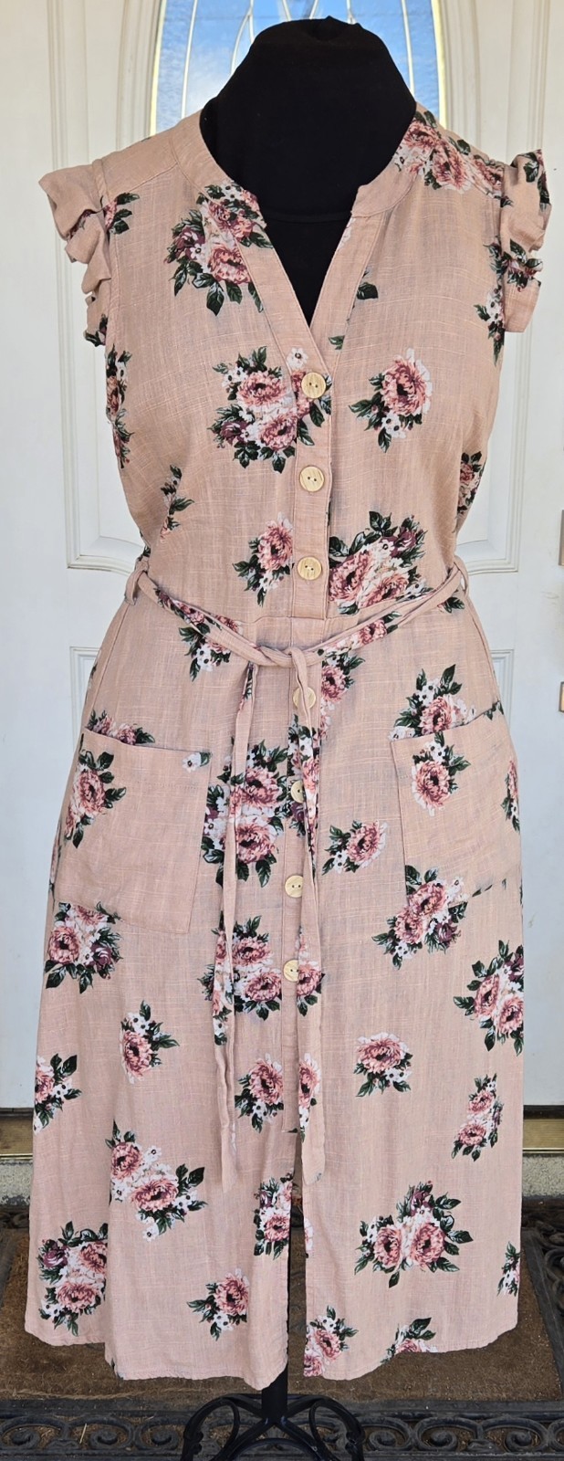 2000s MONTEAU LOS ANGELES Peach Floral Button Front Rayon Linen Dress Size M