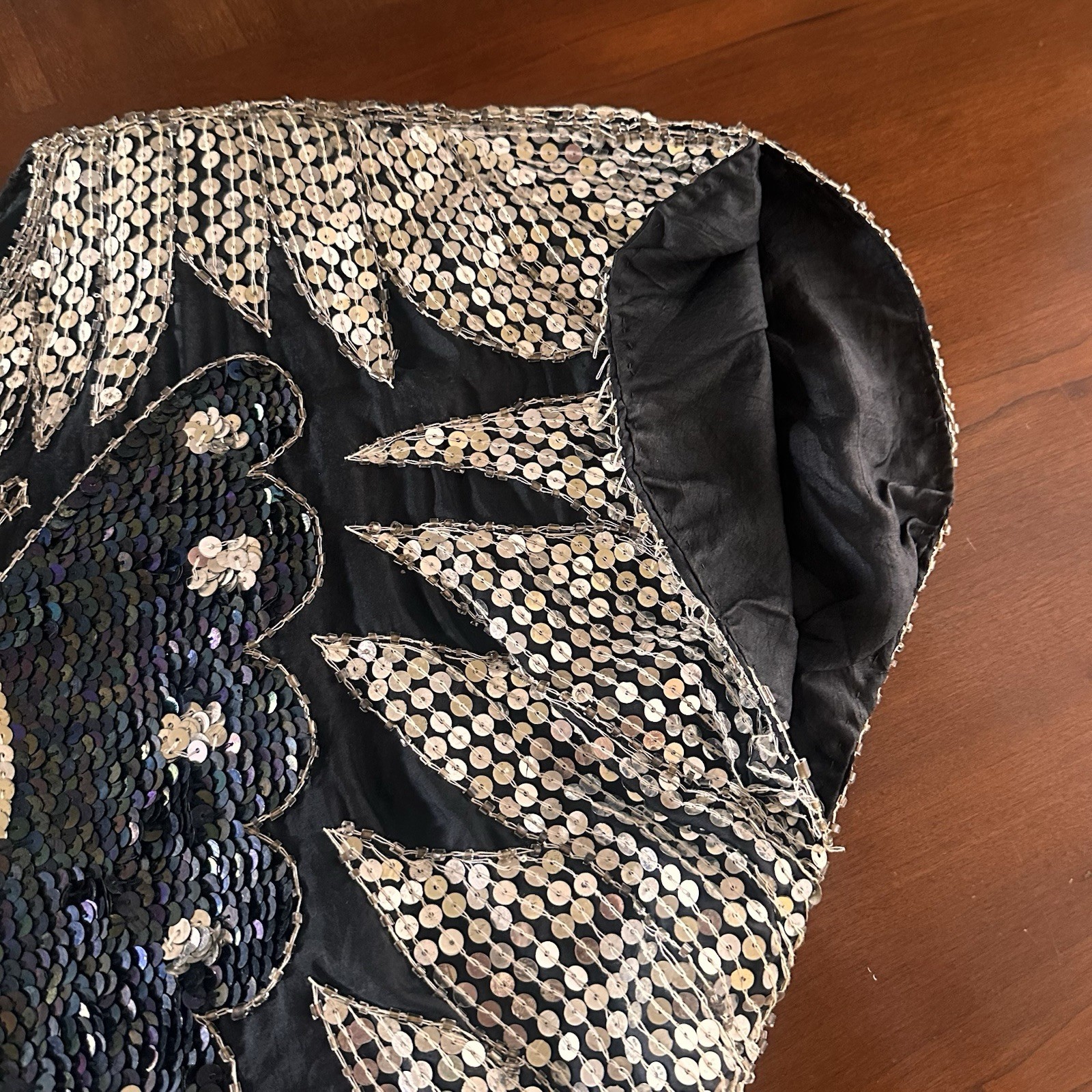 Vintage Beaded Silk Sequin Silver and Black Butterfly Top 70s Disco
