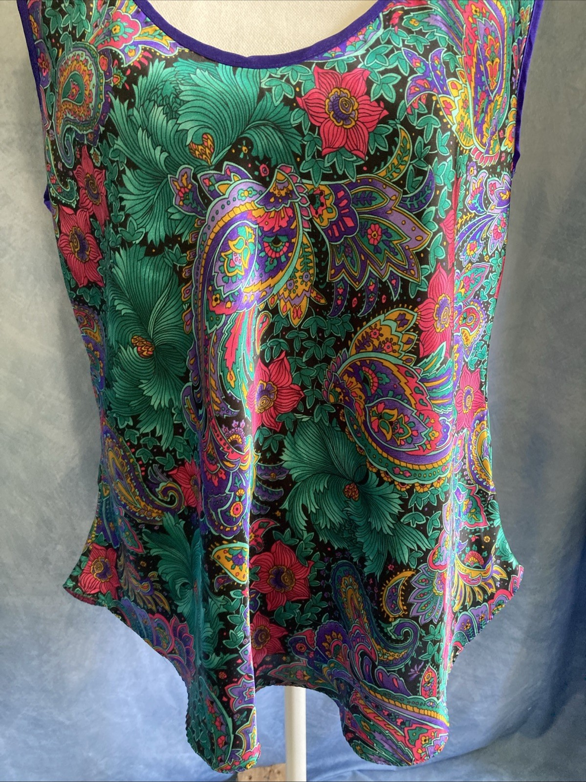 Vtg 80s California Dynasty Satin Cami Tank Top Plus 1X Jewel Tone Paisley Floral