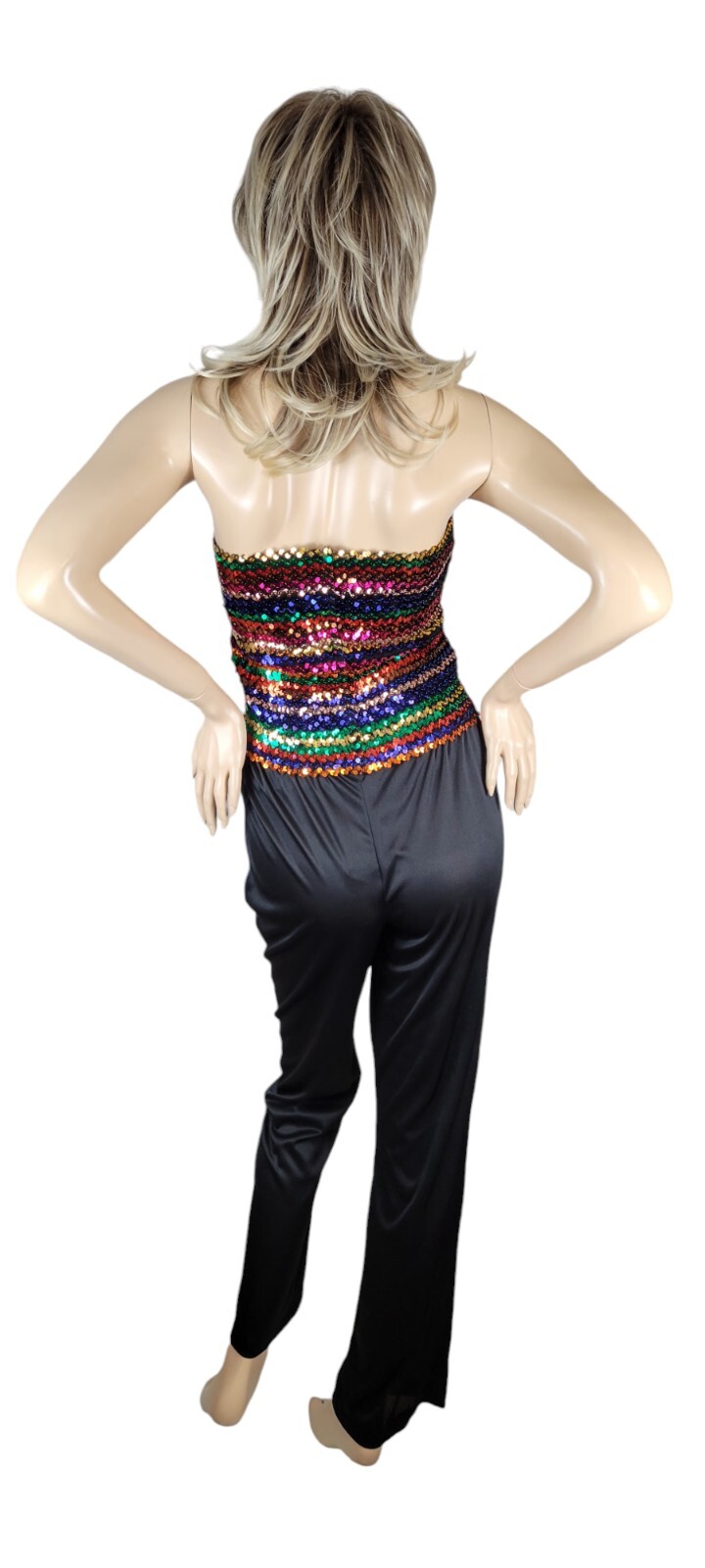 Vintage 70s JC Penney Fashions Rainbow Sequin Disco Halter Jumper Jumpsuit 13/14