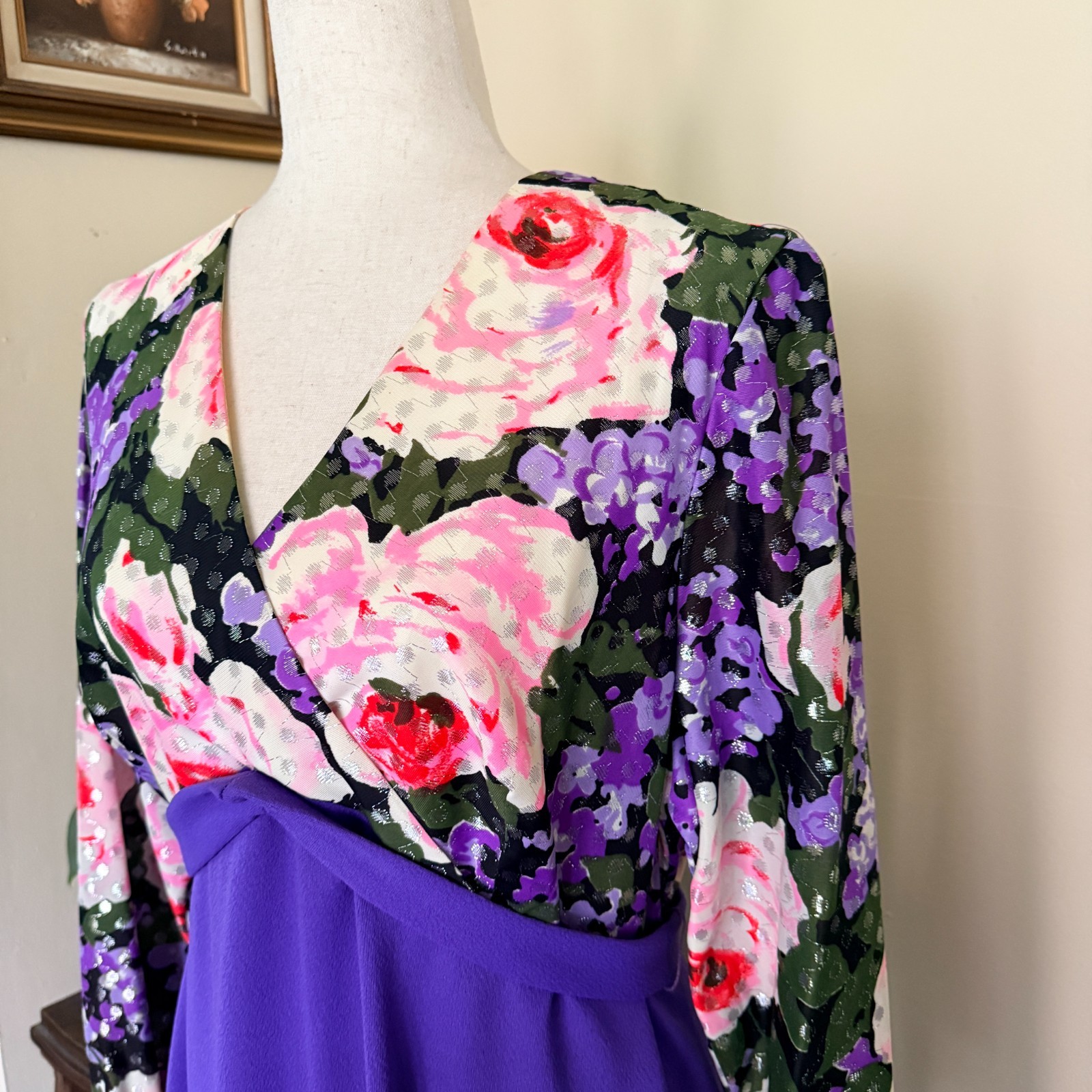 Vintage Purple Floral Hostess Gown Empire Waist Maxi Dress Silver Lurex Dots