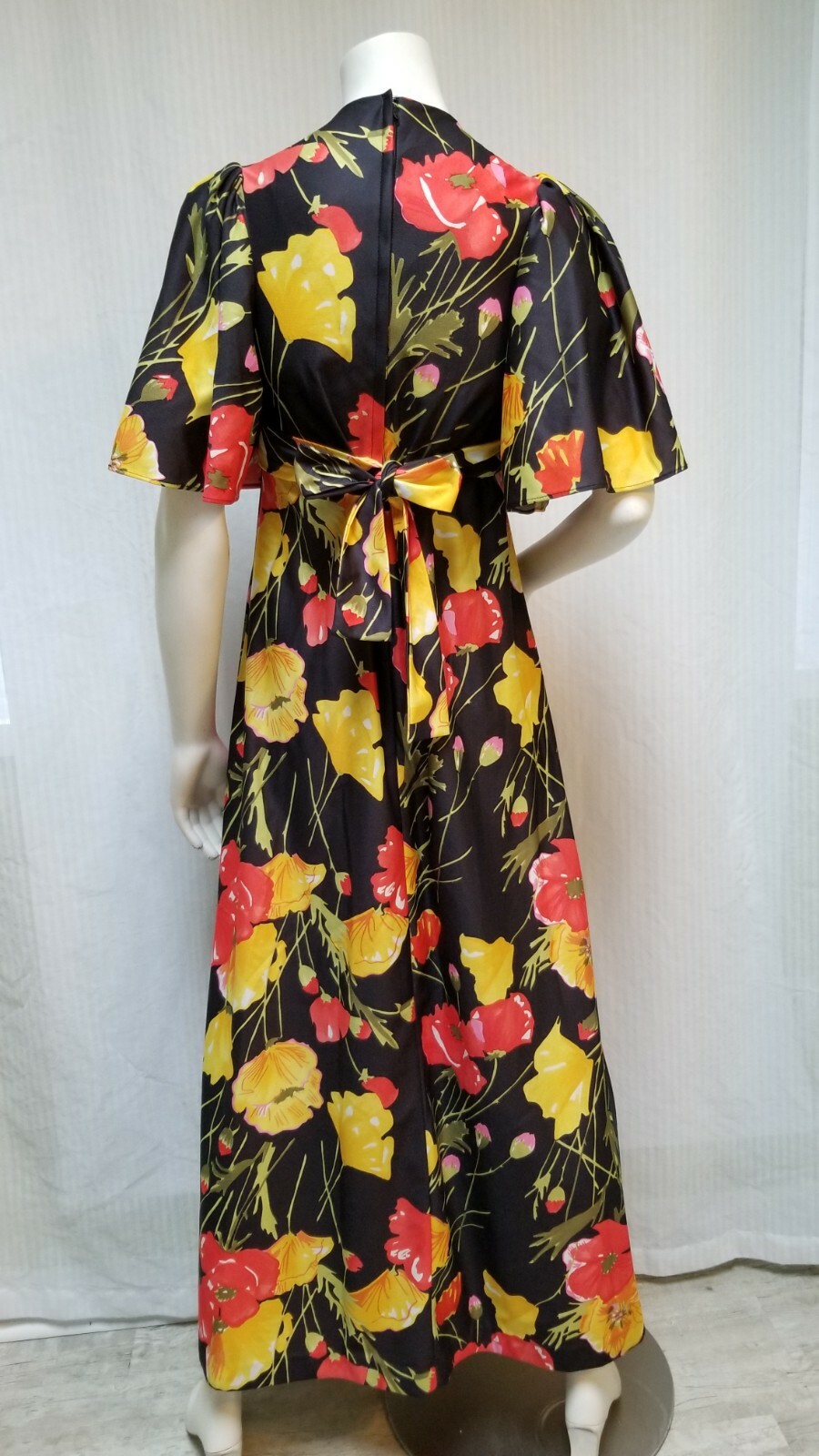 Vintage 70s Black Floral Print Empire Waist Maxi Dress Butterfly Sleeve – Size S