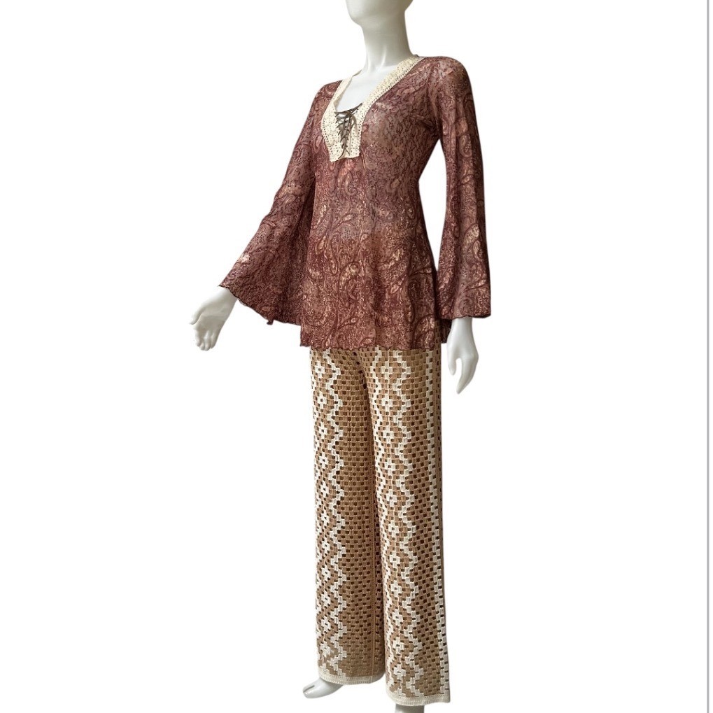 Vtg 90s Bisou Bisou Paisley Lace Bell Sleeve Top Boho S Whitchy Whimsygoth USA