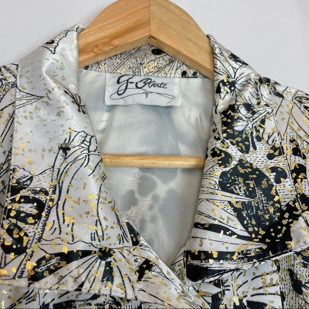 Vintage 80s Jacket Metallic Floral White Gold Black Windbreaker Sparkly Eclectic