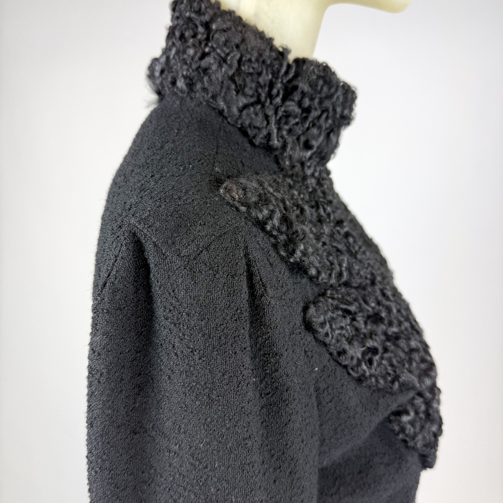 Antique Victorian Mourning Jacket Black Wool Astrakhan Fur High Collar Gothic XS