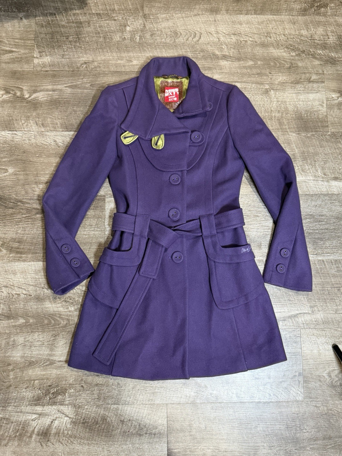 VTG Miss Sixty Purple Wool 3/4 Long Coat WBelt SZ Small